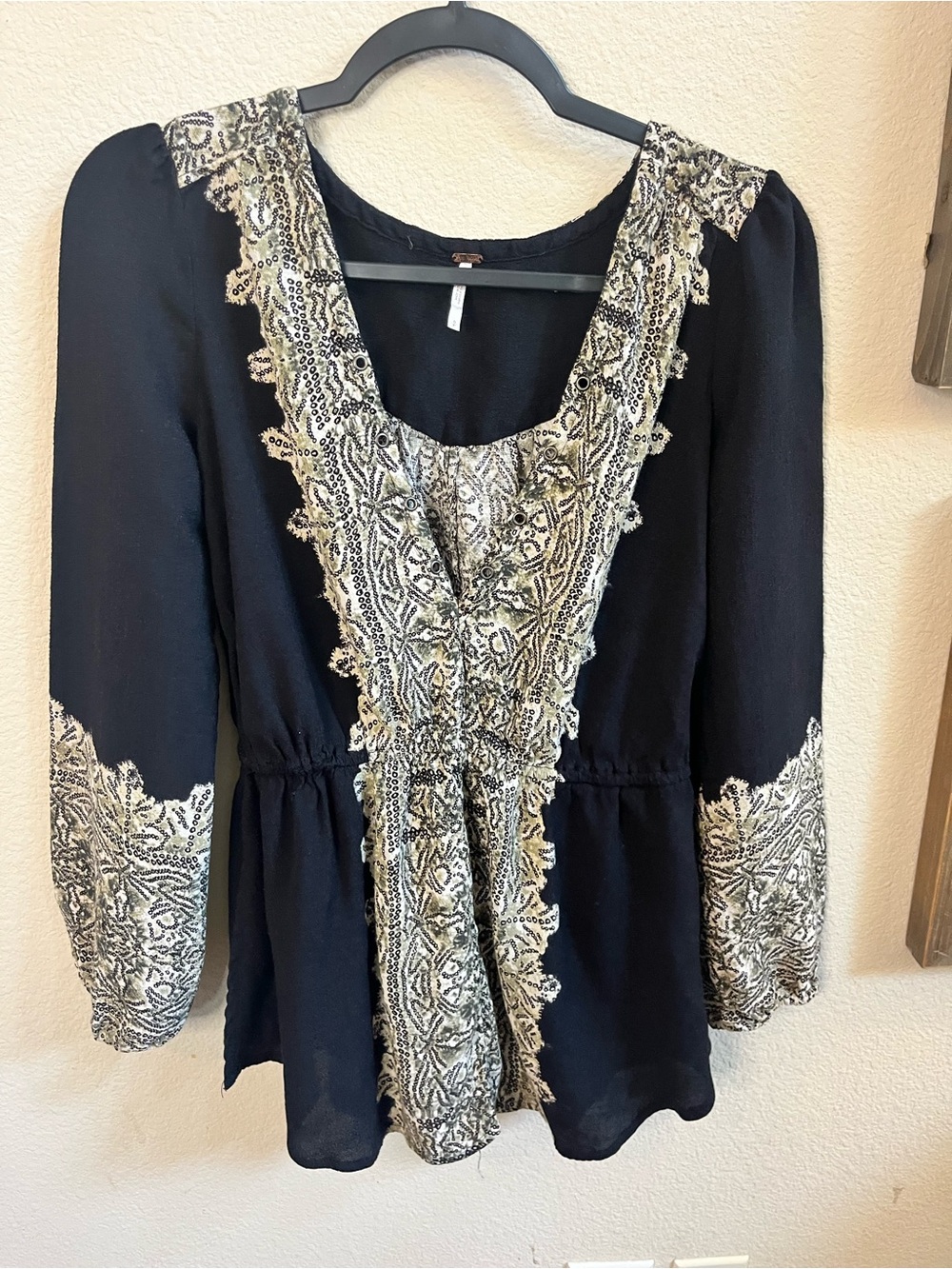Free People Black Paisley Trim Peasant Blouse | size S